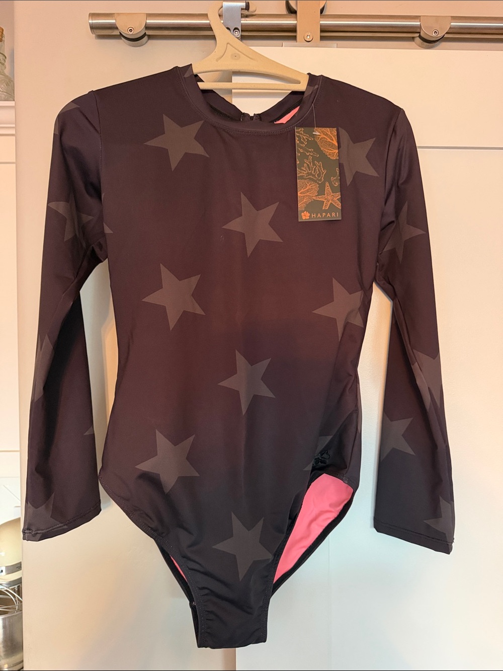 Hapari womens Long-Sleeve Star One-Piece Swimsuit in Charcoal with Pink Lining